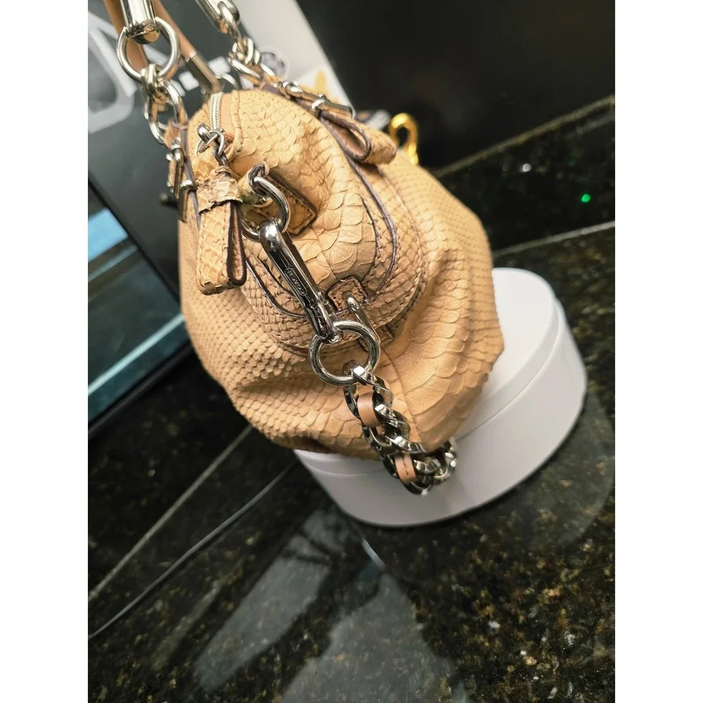 Coach Madison Sophia Satchel M Tan Python Embossed Leather Silver Chain Luxury